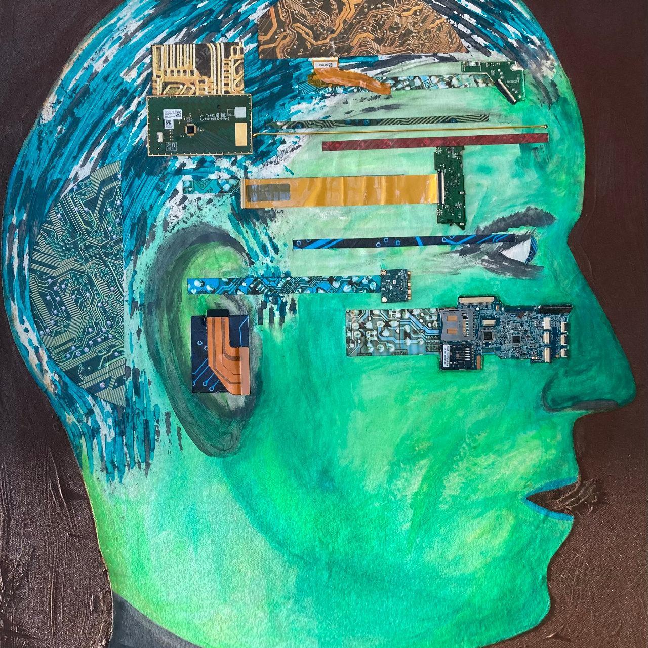 „K.I.- Künstliche Intelligenz“, Eisenrost, Elektronikteile, Acryl auf Leinwand, 60x80cm, 2022